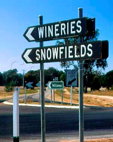 Sign to wineries of Milawa and snowfields in the   Great Dividing Range Milawa Victoria Australia