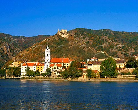 Durnstein and its baroque steeple viewed over the   Danube river from Rossatzbach The ruined castle on   the hill is where Richard the Lionheart was   imprisoned   Niedersterreich Austria  Wachau