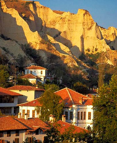 Sandstone cliffs surround the museum town of Melnik   in the foothills of the Pirin Mountains Bulgaria  Struma Valley