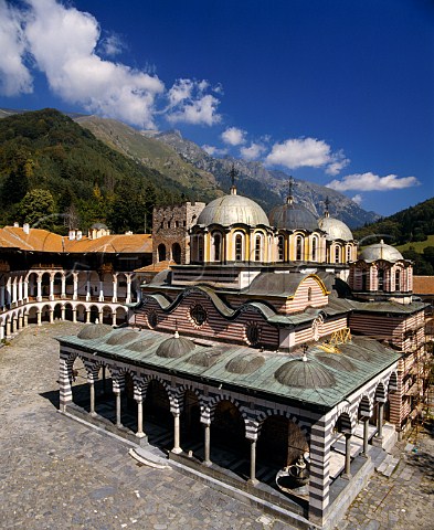 Rila Monastery set high up in the Rila Mountains   dates from the 14thcentury The largest in the   country it is said to be Bulgarias most important   monument historically culturally and emotionally