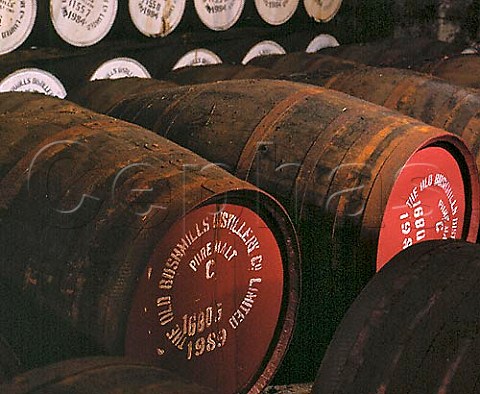 Barrels of malt whiskey maturing in the atmospheric   No7 warehouse of the Old Bushmills Distillery   Bushmills CoAntrim Northern Ireland