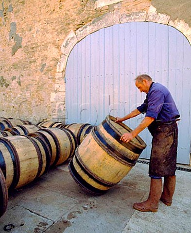 Moving barrels in courtyard of Chteau de Rully   Rully SaneetLoire France   Cte Chalonnaise