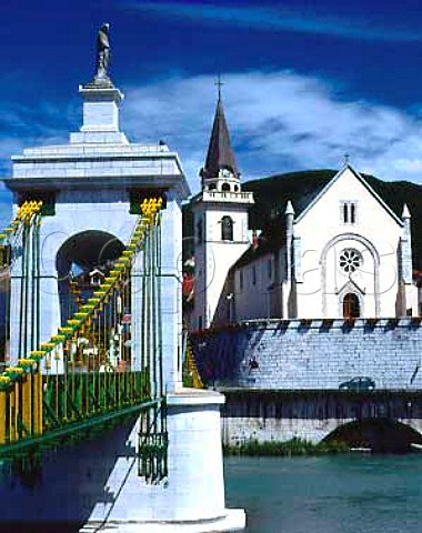 Bridge and church of the wine town of Seyssel on the   Rhone Haute Savoie AC Seyssel