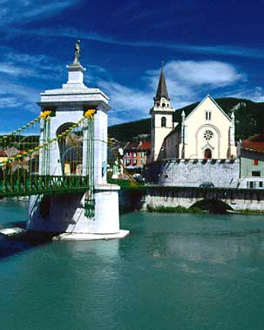 Bridge and church of the wine town of Seyssel on the   Rhone Haute Savoie AC Seyssel