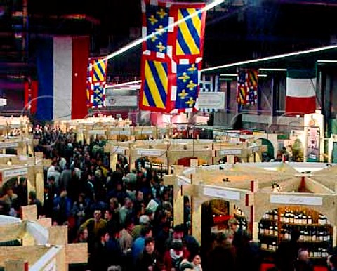 The flag of Burgundy is central above the exhibition   of Burgundian wines held in the Palais des Congres at   Beaune on the weekend of the Hospices de Beaune wine   auction