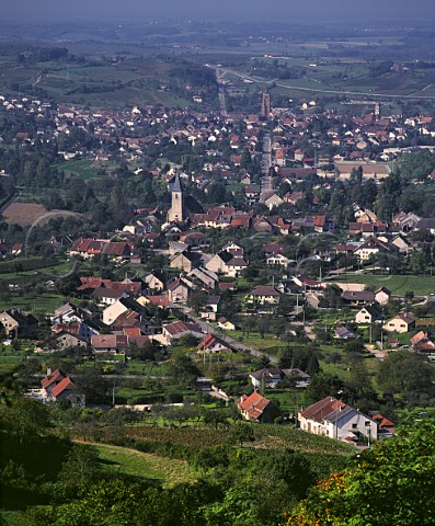 View over the wine towns of Mesnay near and Arbois Jura France