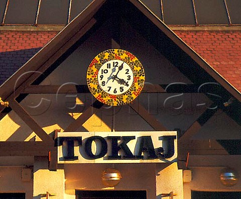 The clock decorated with grapes on the platform at   Tokaj railway station Hungary  Tokaji