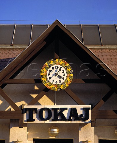 The clock decorated with grapes on the platform of   Tokaj railway station Hungary