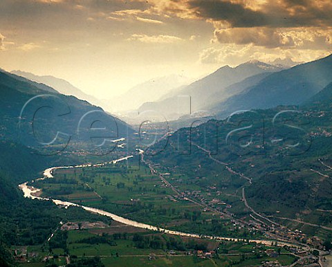 Valtellina valley of the River Adda viewed from   the east  Lombardy Italy