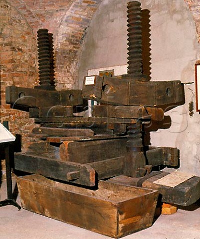 Old grape press in the wine museum of Renato Ratti   La Morra Piemonte Italy