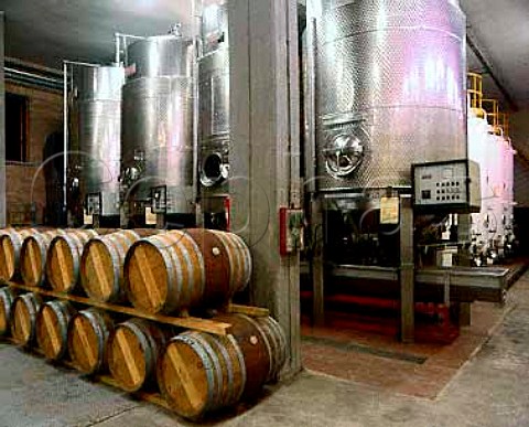New oak barriques and stainless steel fermenting   tanks in the cellars of Angelo Gaja Barbaresco   Piemonte Italy