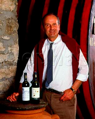 Francesco Giuntini in the cellars of Selvapiana with   his 1986 Chianti Rufina Riserva and the same vintage   of his top wine Bucerchiale   Pontassieve Tuscany Italy