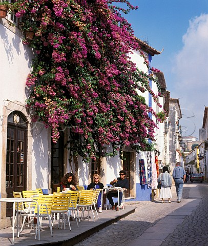 Bouganvillea covered street caf in Obidos Estremadura Portugal Known as The Wedding City it was the traditionalbridal gift of the kings of Portugal to their queensa custom begun in 1282 by Dom Dinis and Dona Isabella