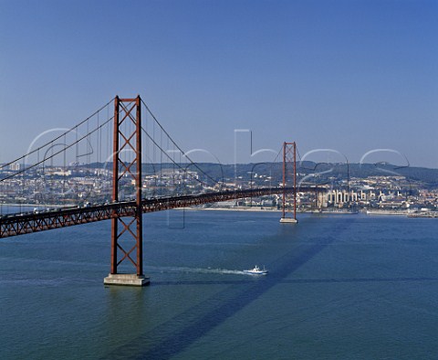 The 25th April Bridge and Lisbon from over the Tagus estuary Portugal