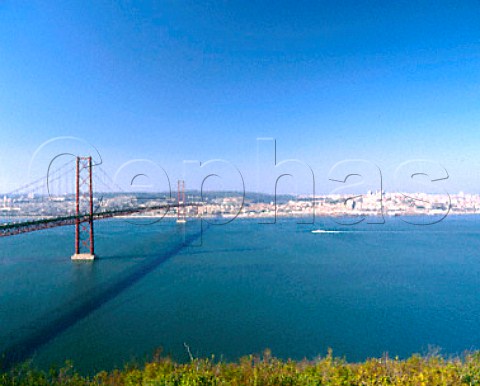 The 25th April Bridge and Lisbon from over the Tagus   estuary Portugal