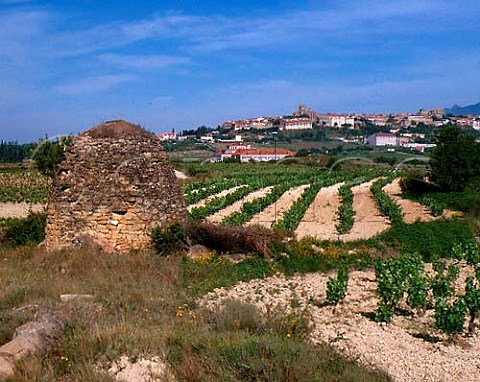 Traditional stone hut known as guardavias with   Bodegas Campillo and the hilltop town of Laguardia   beyond Alava Spain   Rioja Alavesa