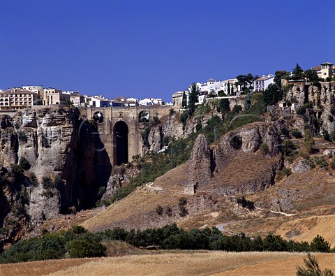The town of Ronda with its huge 18thcentury bridge   Puente Nuevo spanning the gorge of the   Rio Guadalevin    Andaluca Spain