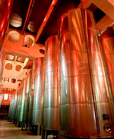 Modern stainless steel tanks in the old bodega of Raimat Built in 1918 it was Spains first building in reinforced concrete  the architect was a student of Gaudi  Lerida Catalonia Spain  Costers del Segre