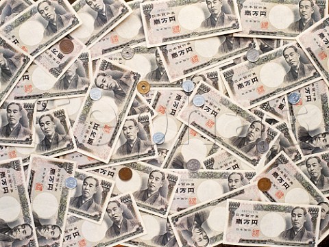 Japanese 10000 Yen bank notes and coins