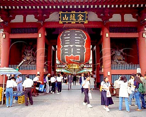 Kaminarimon Gate Thunder Gate the main entrance to Sensoji Temple popularly known as Asakusa Kannon Temple the oldest temple in Tokyo  The gate honours the god of Thunder whose statue stands to the left to the right is the god of wind
