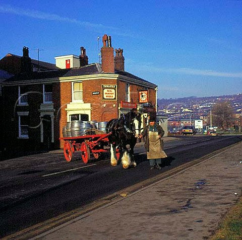 Drayman leaves Daniel Thwaites brewery on a   delivery Blackburn