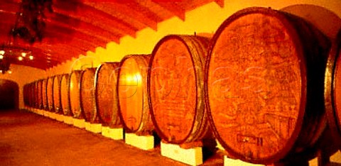 Carved barrels in the red wine cellar of Nederburg   Estate Paarl Cape Province South Africa