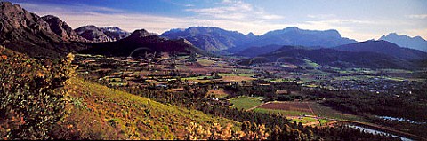 Franschhoek in its valley with the Hottentots Holland  and Groot Drakenstein mountains in the distance  South Africa
