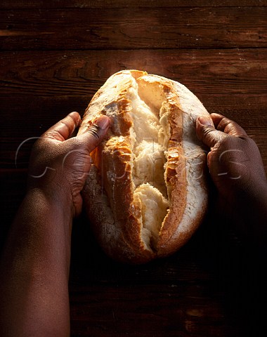 Hands breaking bread