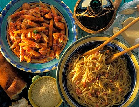 Chilli sweetcorn and mushroom penne and spaghetti  carbonara