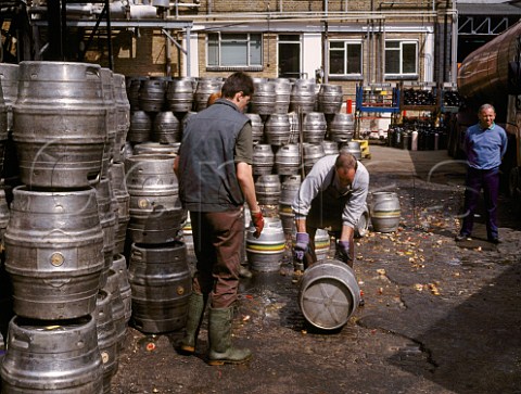 Unloading and decorking empty beer barrels at Youngs Ram Brewery Wandsworth London