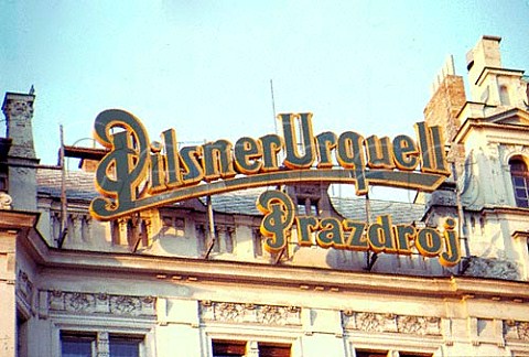 Rooftop advert for Pilsner Urquell   beer     Prague Czech Republic