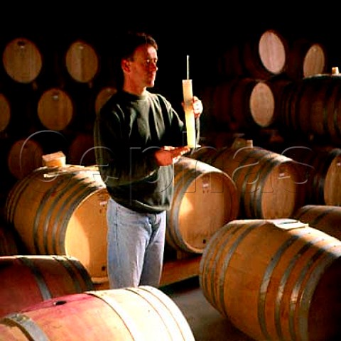 Glenn Thomas checking specific gravity of his   fermenting wine Tupari Wines Awatere Valley Marlborough New Zealand