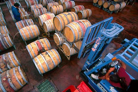 Moving barrels by fork lift at Rutherford Hill Winery Rutherford Napa Valley California