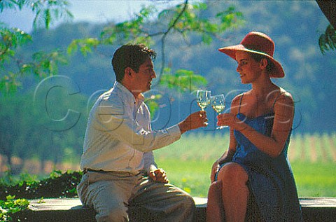 Couple on the terrace of Joseph Phelps Winery  St Helena Napa Valley California