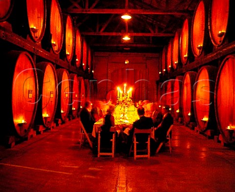 Dinner party in barrel room of Merryvale Winery St Helena Napa Valley California