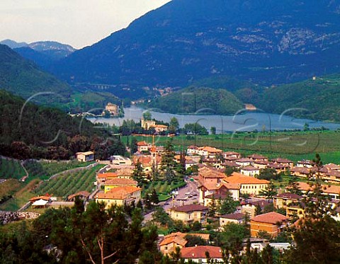 View over town of Sarche and Lago di Toblino in the   Valle dei Laghi region Trentino Italy