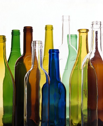 Empty wine bottles  assorted colours shapes and   sizes