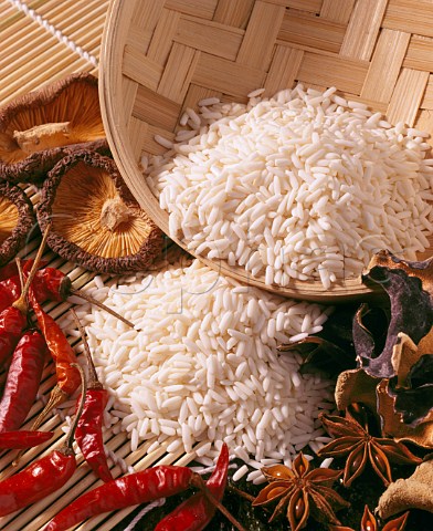 Chinese ingredients  rice red chillies dried   mushrooms black woodear fungus star anise