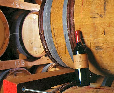 Bottle of Il Falcone in the barrel cellar of Rivera   Andria Puglia Italy   Castel del Monte