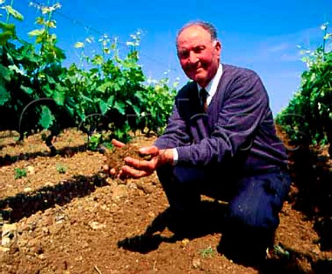 Francesco Elia grape buyer for Cntele with   handfuls of the red soil terra rossa in vineyard   near Squinzano Puglia Italy