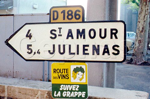 Signs to Julinas and StAmour in the   Beaujolais region France