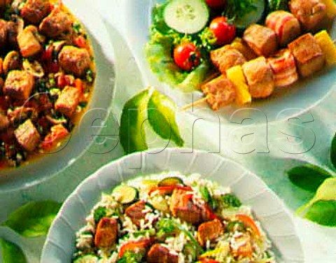 Pork dishes kebabs pork cubes on egg base pork   and vegetable rice