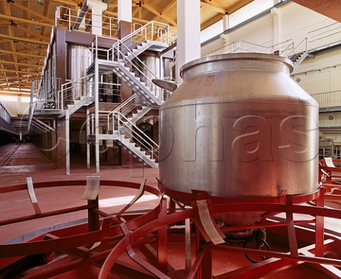 Large stainless steel containers autoevacuaciones instead of pumps are used to move juice and must in the modern gravityfed winery of   Abada Retuerta Sardn de Duero   Castilla y Len Spain