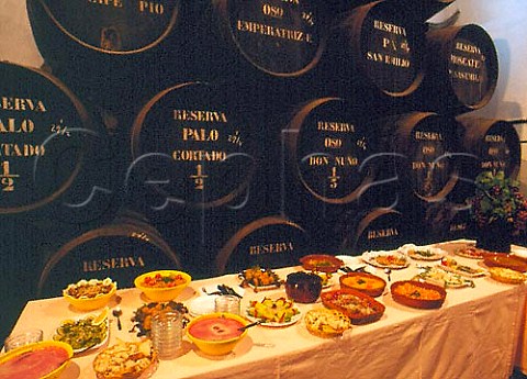 Selection of tapas specially prepared by   Manuel Valencia of Bodega la Andana a noted tapas   bar in the town for a group visiting the bodegas of   Emilio Lustau Jerez Andaluca Spain  Sherry