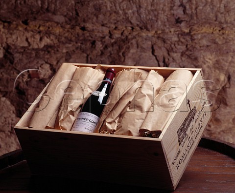 Case of wine in cellar of Domaine de la RomaneConti VosneRomane Cte dOr France   Cte de Nuits