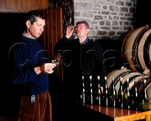 Pierre Morey matre de chai tasting barrel samples   with Jean Jafflin his chef de caves  Domaine   Leflaive PulignyMontrachet Cte dOr France