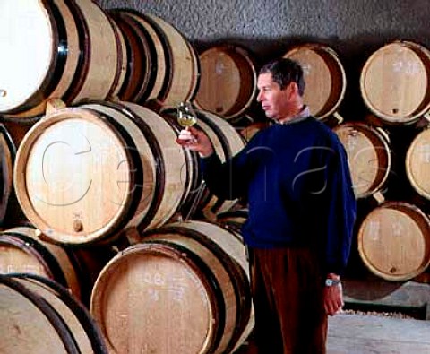 Pierre Morey matre de chai checking on the   progress of his wines in barrel  Domaine Leflaive PulignyMontrachet   Cte dOr France