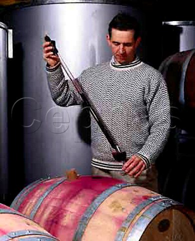 David Cowderoy winemaker using a pipette to take a sample of wine from oak barrique circa 1999