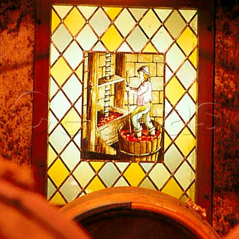 Stained glass in the barrel cellar of   Chteau BoydCantenac Cantenac Gironde France     Margaux  Bordeaux