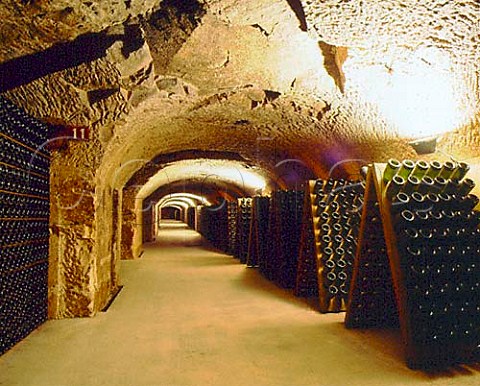 Bottles of Champagne in pupitres and   sur lattes in the cellars of Mot et Chandon   pernay Marne France